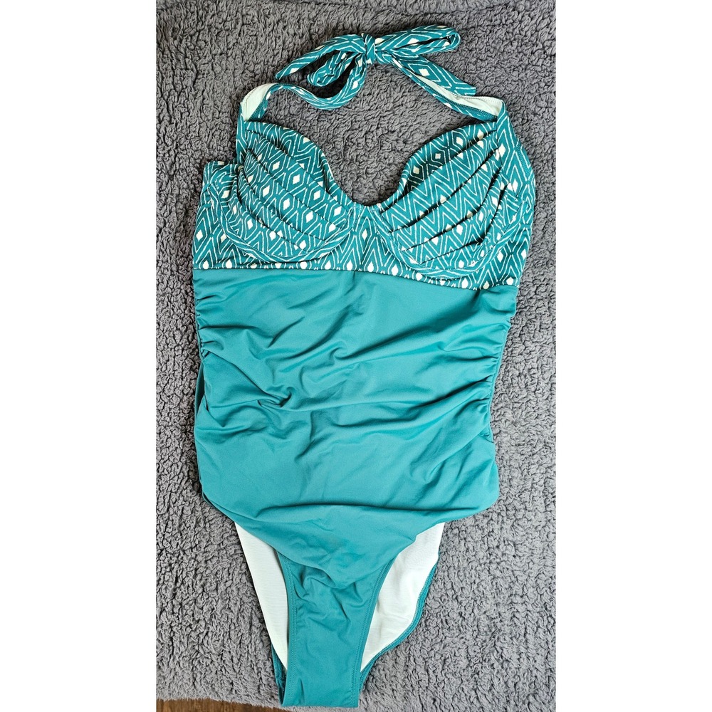 Retro Teal Geometric Print Halter One Piece Swimsuit Ruched Sweetheart Neckline
